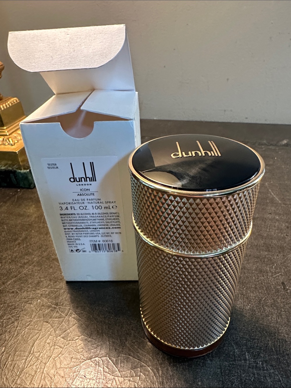 Dunhill Gold Textured Cylindrical Fragrance Bottle with Black Top
